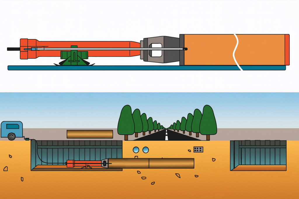 Работа пневмомолотов для горизонтального забивания труб при бестраншейной прокладке трубопроводов